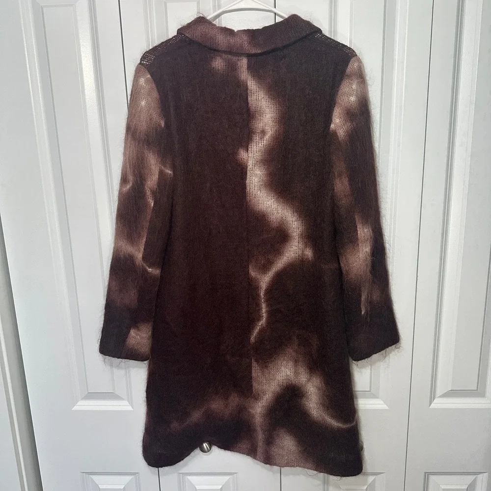 Kenneth Cole NY Mohair Wool Fuzzy Long Sweater Coat Brown Abstract Tie Dye Small